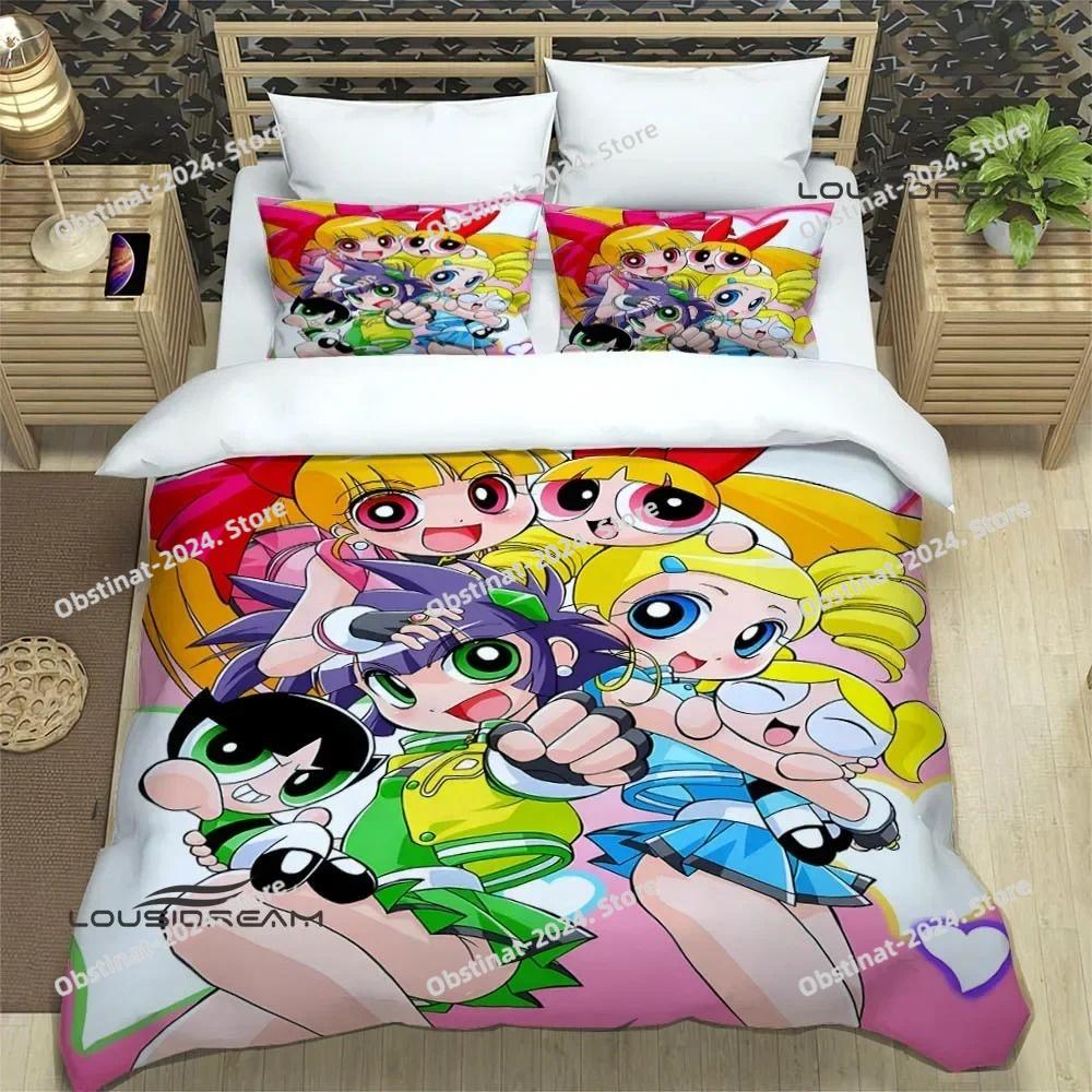 3D P-Powerpuff-Girls Cartoon Bedding Set Printed Bed Set Duvet Cover Sheet Pillowcase Bed Soft Quilt Cover Full Queen King Size
