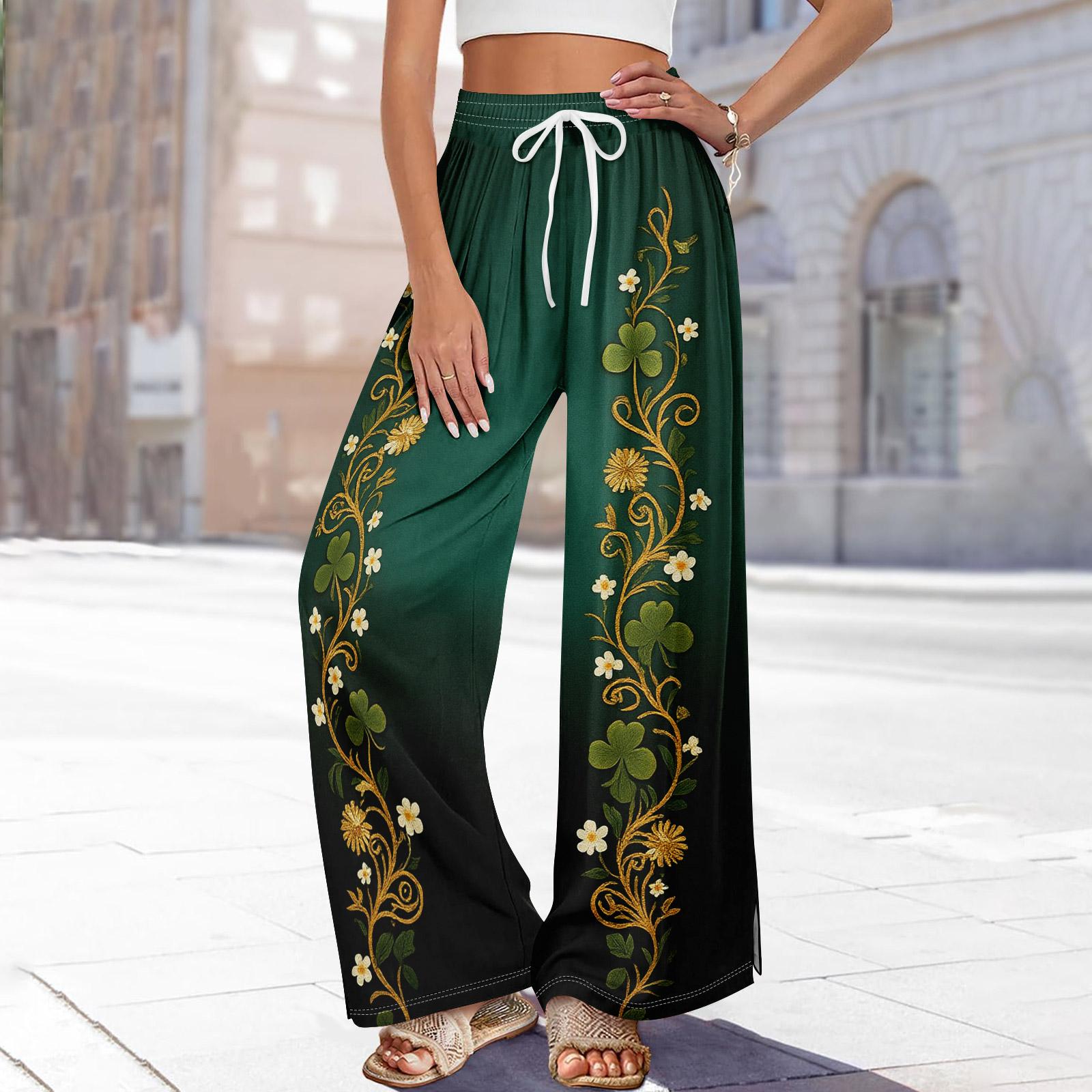 

Женские летние брюки-палаццо в стиле бохо с высокой талией, широкие повседневные брюки с принтом и карманами L армия зеленый