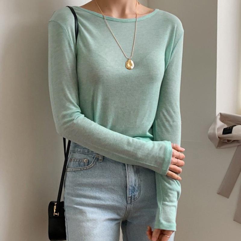 Women's Refreshing Mint Green Sheer Long-Sleeve Round Neck T-Shirt with Same-Day Shipping
