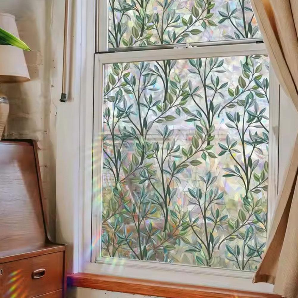 Window Privacy Film, Green Vines Leaves Stained Glass Window Film Decals for Glass Frosted Window Sticker for Kitchen Door Home