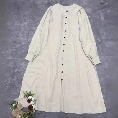 Japanisches Kleid mit gepressten Blumenknöpfen, lockere Langarm-Frühlings-Casual-Mori-Baumwolle, einfarbige Damenkleider