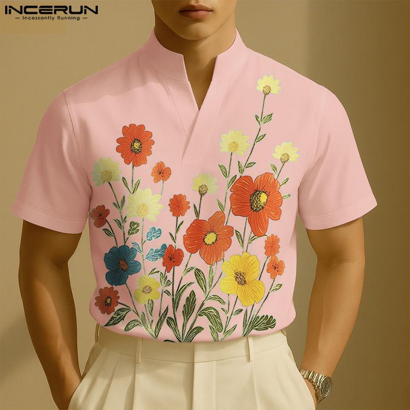 INCERUN Oversized Casual Men Lapel Short Sleeve Print Buttons Shirts