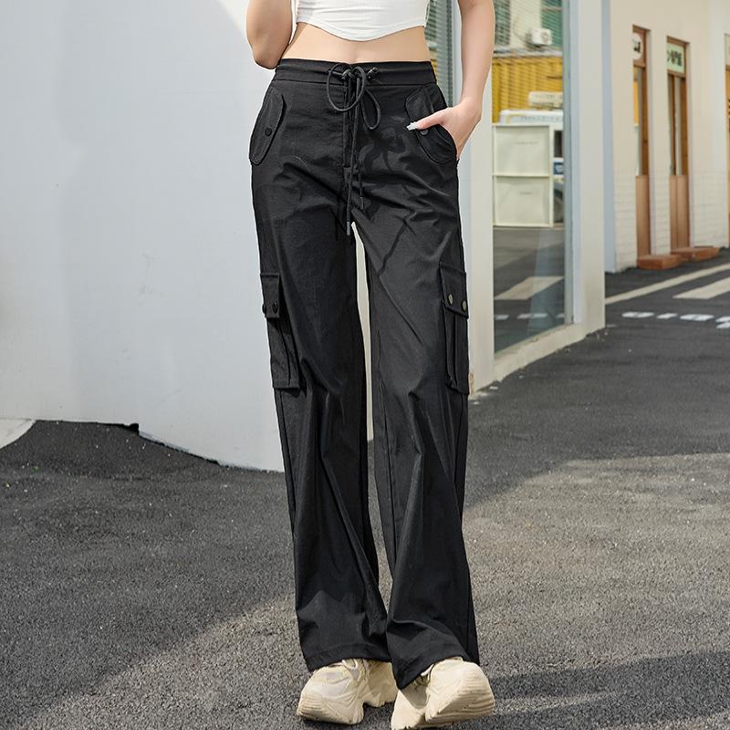 

Американские комбинезоны женские летние тонкие секции с высокой талией, широкие быстросохнущие спортивные брюки, прямые брюки-парашютисты для женщин XS чёрный