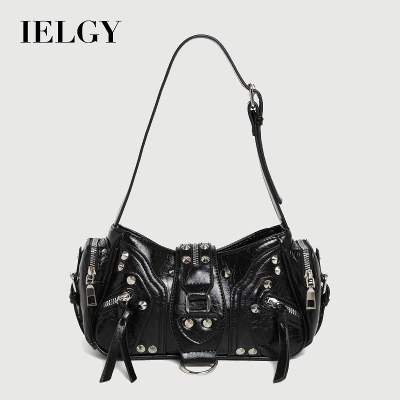 IELGY Retro Style Oil Wax Leather One-Shoulder Underarm Bag Handsome Black Bag