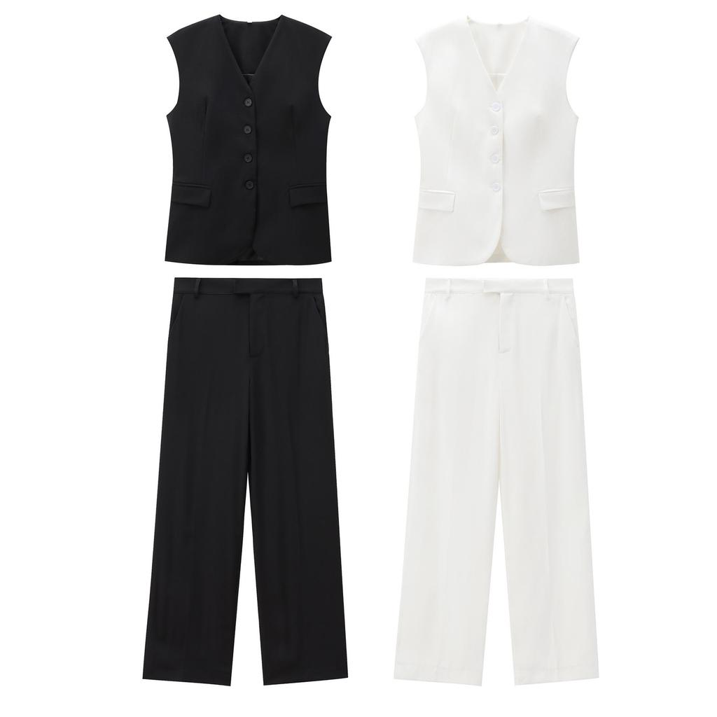 2024 Spring/Summer Women's Sleeveless Button-Up Vest and Casual Pants Set - High-End European and American Style