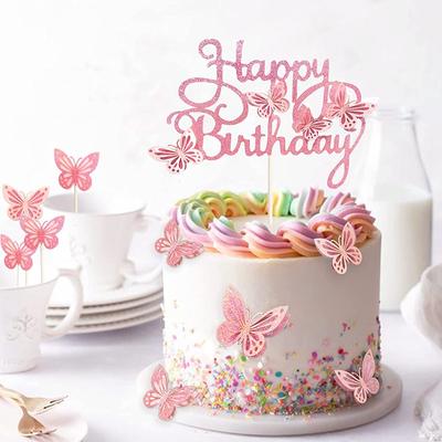 13 Piezas Mariposa Rosa Feliz Cumpleaños Adorno para Tarta Niños Niña Fiesta de Cumpleaños 1º Decoración Tarta Postre Adorno para Cupcake Suministros