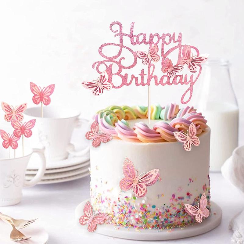 13Pcs Pink Butterfly Happy Birthday Cake Topper Kids Girl 1st Birthday Party Cake Decoration Dessert Cupcake Topper Supplies