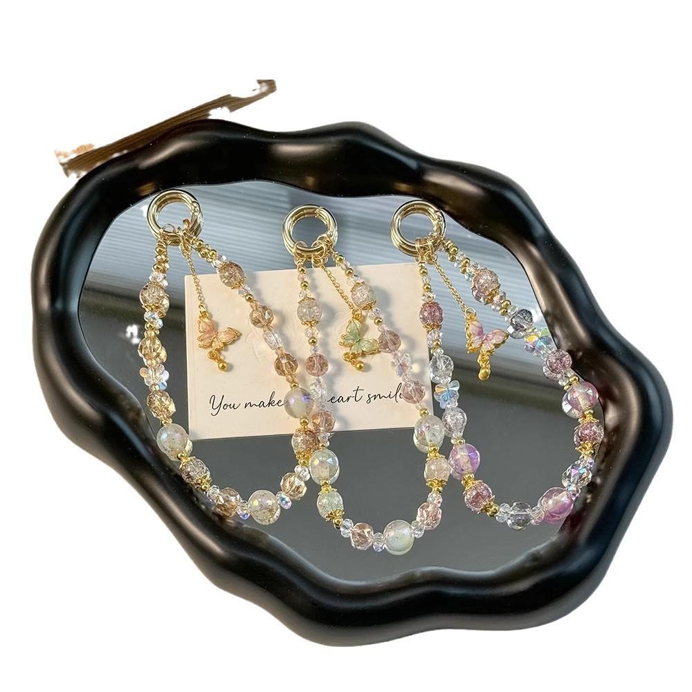 Light luxury crystal mobile phone chain fashion butterfly pendant mobile phone lanyard gold foil handmade beaded short wrist lanyard