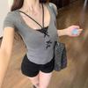 Pure Desire Fake Two Pieces Lace Lace Bow Short-sleeved T-shirt Women's Summer New Sweet Spice Girl Slim Niche Top