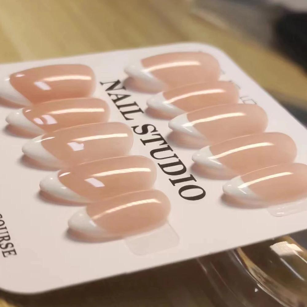 100% HANDMADE Short Almond Shape Nude French Tip Artificial Press On Nails Ultimate Minimalist Fake Nails Set With Glue Reusable And Removable