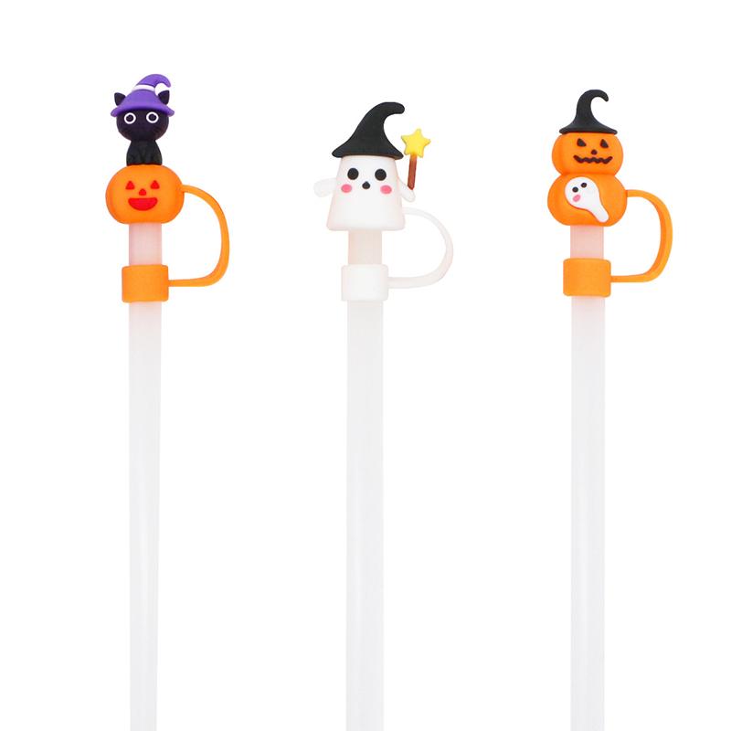 10Mm 0.4In Halloween Straw Cover Cap Silicone Straw Topper For Cup Kawaii 3D Reusable Straw Halloween Party Gift Decor