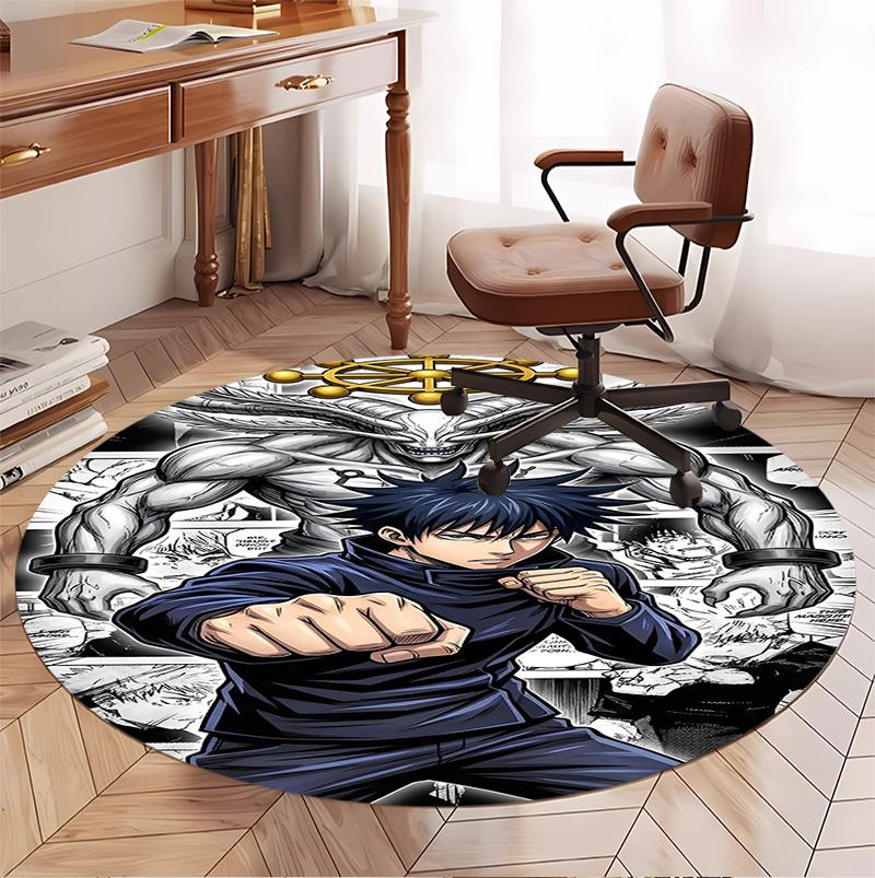 Jujutsu Kaisen Pattern Round Rug, Indoor/Outdoor Mat, for Picnic, Gameroom, Bedroom, Office, Living Room, Home Decor Carpet, Birthday Gift