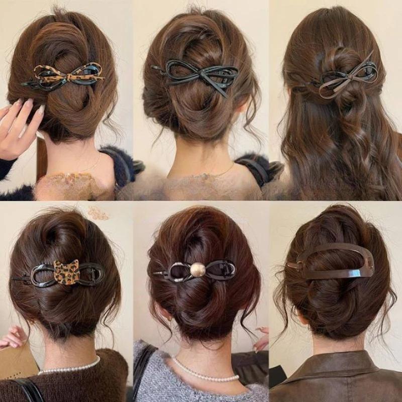 Korean Twist Hair Clips Leather Bow Knot Acrylic Hairpin for Women Girls Sweet Vintage Hairgrip Elegant Hair Styling Accessories