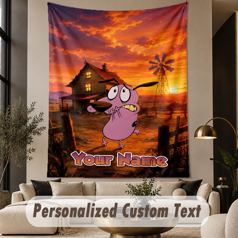 Custom Text Printed Tapestry Courage the Cowardly Dog Pattern Large Wall Hanging Indoor Room Decor
