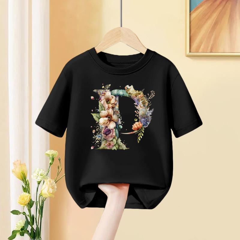 A B C D Kombinationsschrift Mädchen T-Shirt Blumendruck Lässige Oberteile Benutzerdefinierter Name Buchstabe Kinder Schwarzes T-Shirt