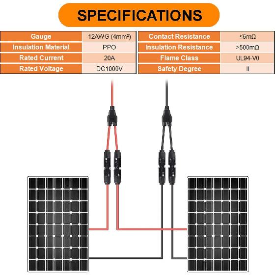 4 Pairs Solar Connector Y Branch Parallel Adapter Cable Wire Plug 2 to 1 Male Female Connectors (M/FF, F/MM) for Solar Panel with PV Cable Clips