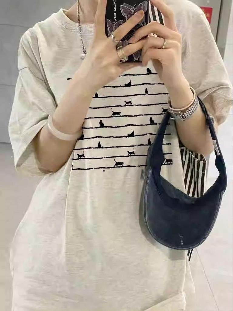 Women's Heavyweight Cotton Printed Short-Sleeve T-Shirt - 2025 Summer Collection, American Straight Shoulder, Loose Fit