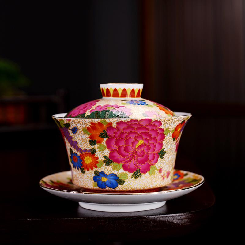 HMLOVE Color Enamel Sancai Gaiwan Large Capacity White Porcelain Cover Bowl Lid Saucer Big Tea Cup Tureen Travel Teaware Sets