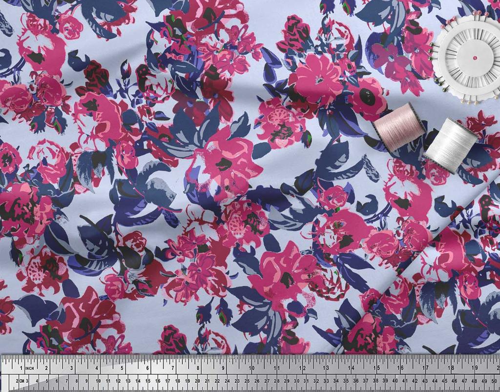 Soimoi Blue Poly Crepe Fabric Artistic Leaf & Floral Fabric Prints By Metre 42 Inch