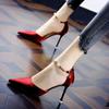 Red-soled high heels, sexy satin one-word buckle pointed rhinestones, red spring stiletto dress women's single shoes