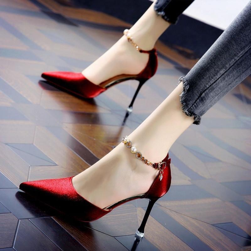 Red-soled high heels, sexy satin one-word buckle pointed rhinestones, red spring stiletto dress women's single shoes