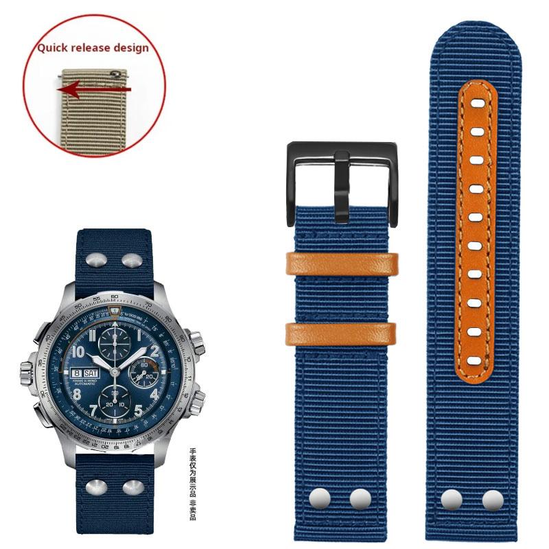 

Quick release Rivet design watchband Cowhide hole For Hamilton Khaki waterproof nylon canvas watch strap accessories men 22mm 22mm