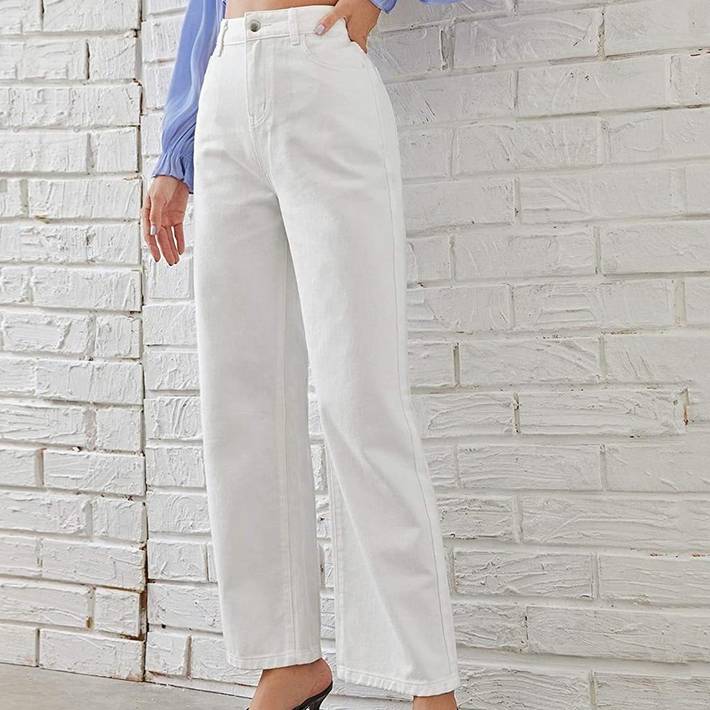 Damejeans med lommer Høy midjeknapp Glidelåslukking Rette bukser Ensfarget vintage amerikansk dongeribukser for daglig bruk Scool