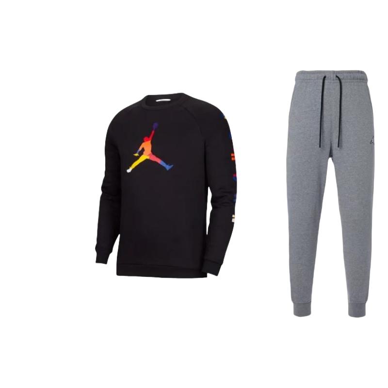 

Jordan Color Logo Pattern Crew Neck Pullover Raglan Sweatshirt Embroidered Drawstring Cuffed Pants Casual Sports Set DQ7341-091+DA6729-010 M