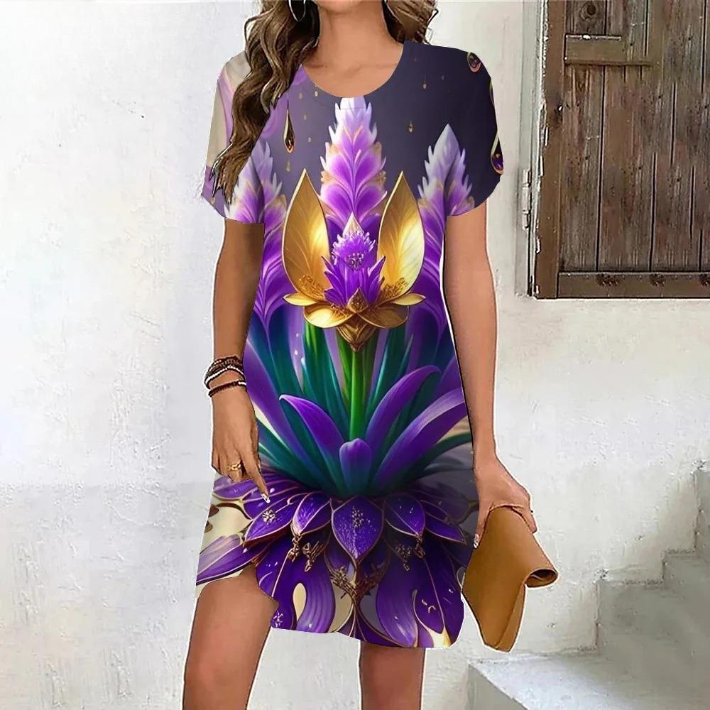 New Summer Beach Party Dresses For Women Vintage Tie Dye Red Rose Flower Print Dress Short Sleeve Pullover Loose Plus Size Dress