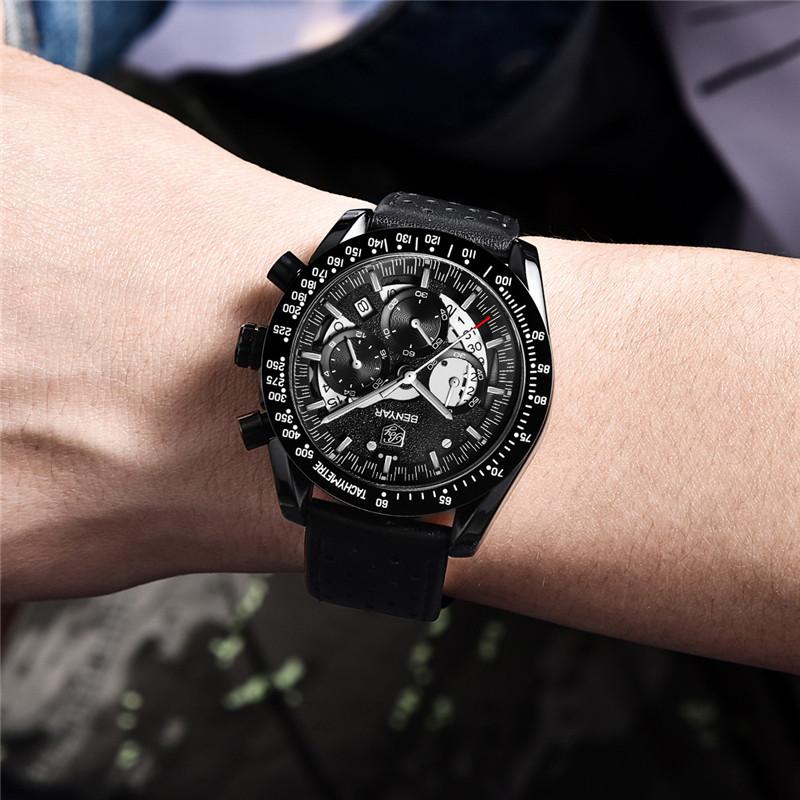 BENYAR Top Brand Luxury Watch Men Sport Quartz Male Chronograph Date Clock Military Army Black Genuine Leather Wristwatch 5120