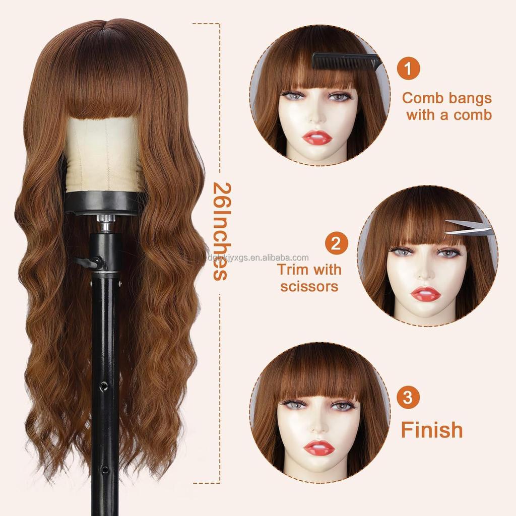 Hot Sales 26Inch Brown Mixed Blonde Wigs with Bangs for Women Wavy Curly Hair Heat Resistant Synthetic Fiber Wigs Women Hair