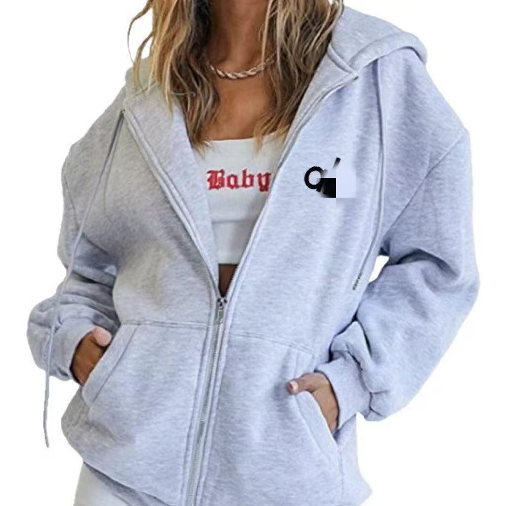 Cross-border Embroidered Zipper Hoodie with Drop Shoulder and Kangaroo Pocket