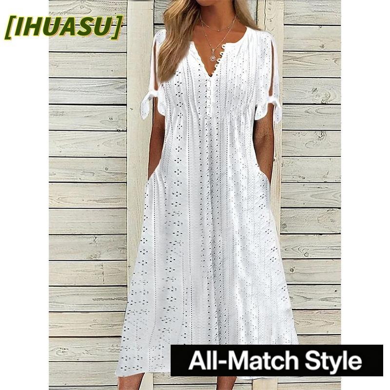 IHUASU Fashion Summer Spring 1/2 Sleeves V-Neckt  Casual Dresses