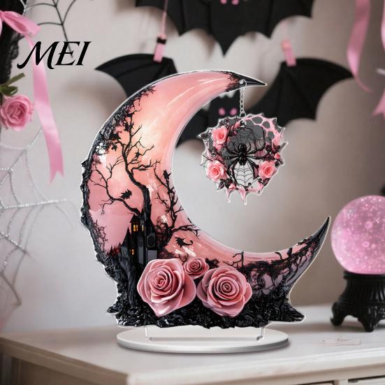 Dark Aesthetic Room Decor Halloween Style Table Decorations, Acrylic Pink And Black Gothic Centerpiece, Tiered Tray Seasonal Displays Crescent