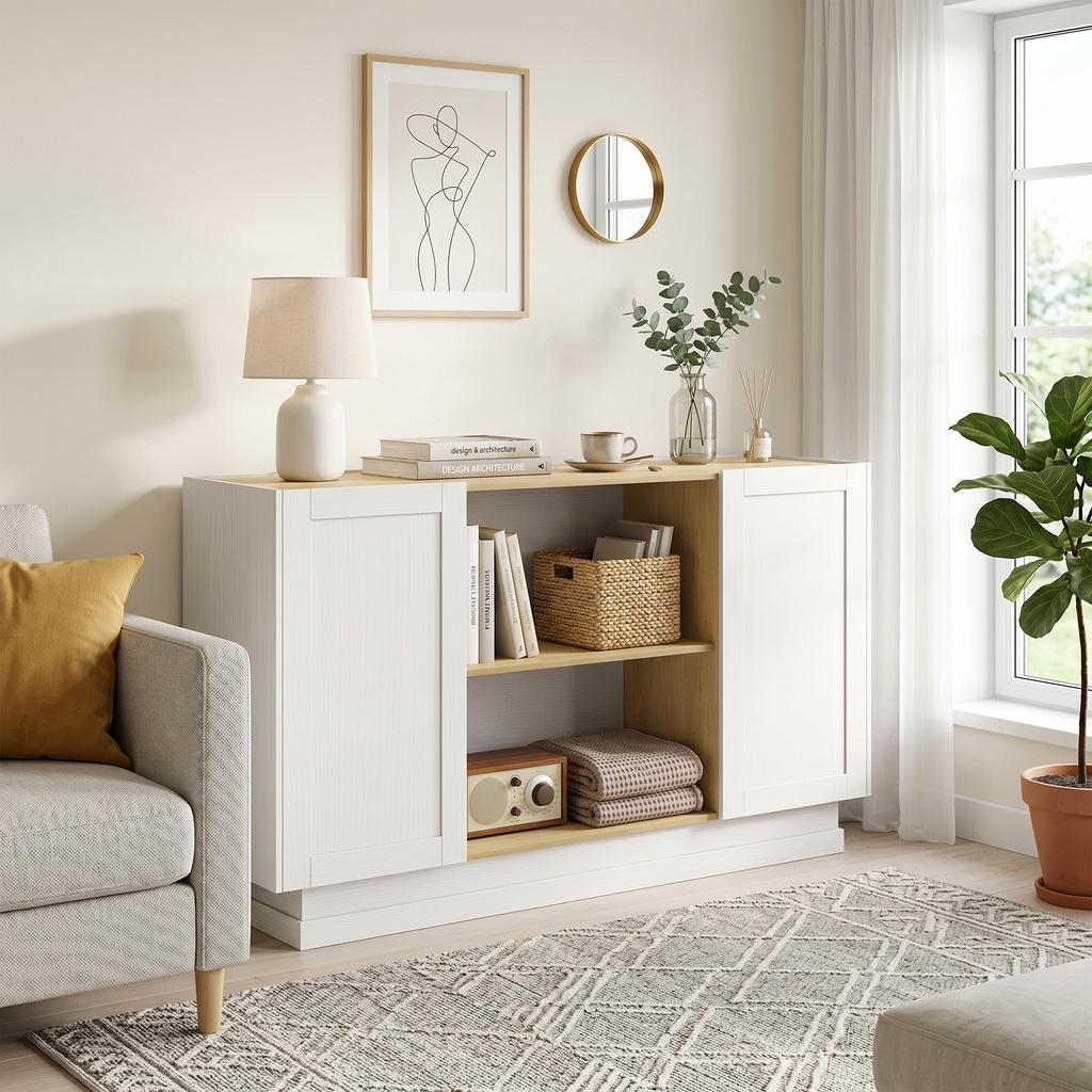 Kitchen Buffet, 2-Door, 133 x 35 x 79.7 cm, Natural Wood and White