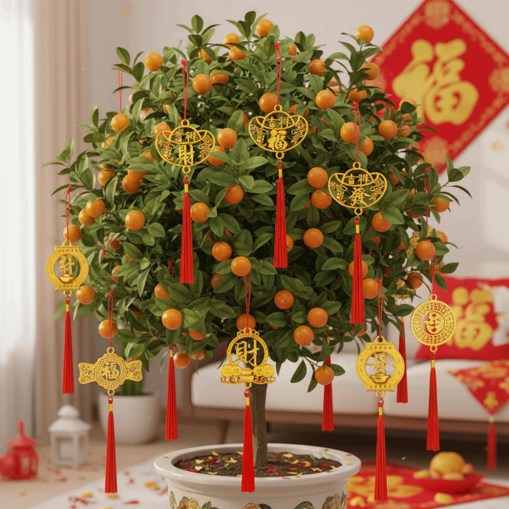6/10Pcs Gold Chinese New Year Pendant Good Luck Wealth Spring Festival Bonsai Pendant with Tassel Waterproof
