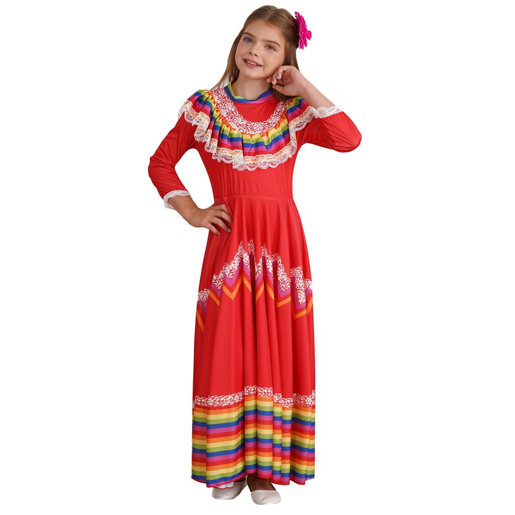Kids Girls Mexican Traditional Jalisco Folk Dance Dress Halloween Costume with Flower Hair Clip