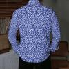 Camisa de Hombre con Cuello Estampado Floral Azul Blanco Diminuto por Todas Partes Manga Larga Botones