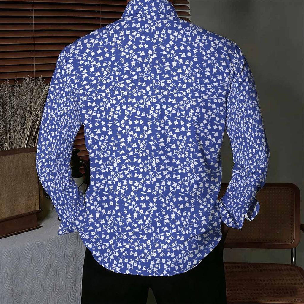 Camisa de Hombre con Cuello Estampado Floral Azul Blanco Diminuto por Todas Partes Manga Larga Botones