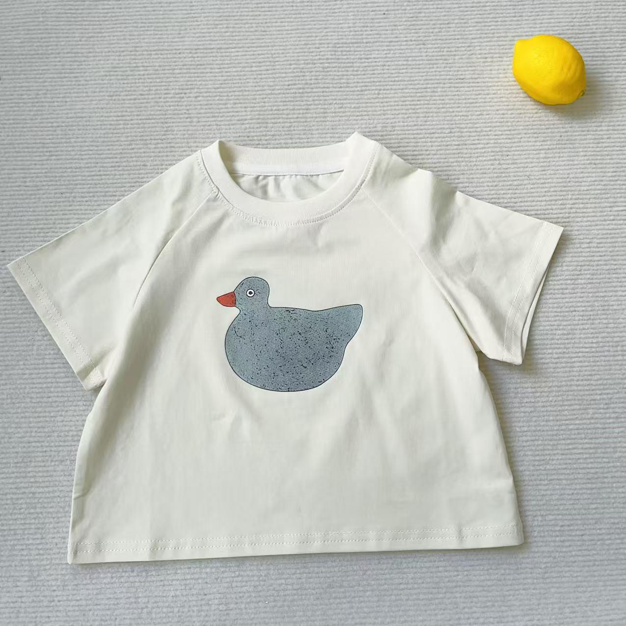 Kids Summer Duck Print Cotton T-Shirt - Unisex Round Neck, Short Sleeve 80 cm