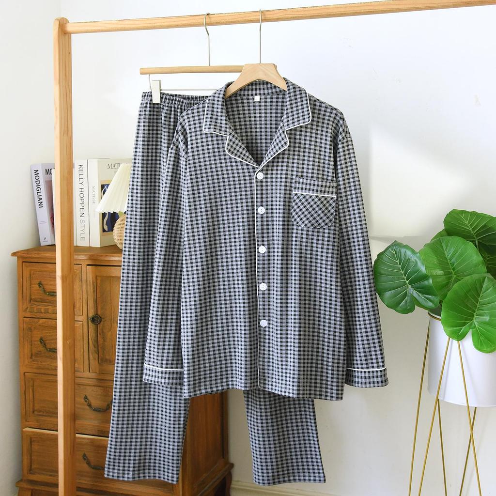 De Velvet Couple's Autumn/Winter Pajama Set: Women's Simple Check Long Sleeve & Men's Loose Casual Home Wear, Also Suitable for Spring Outdoor Wear