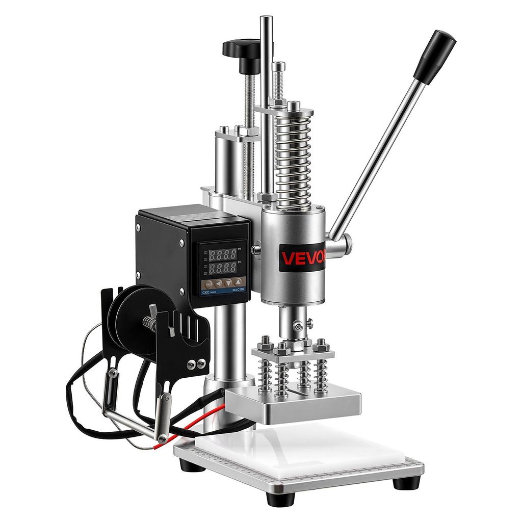 VEVOR Heated Leather Punching Machine 10 x 10 cm Leather Stamp Press, For Hot Stamping and Punching, 160 kg Pressure, 40 mm Stroke, Chuck Fixation