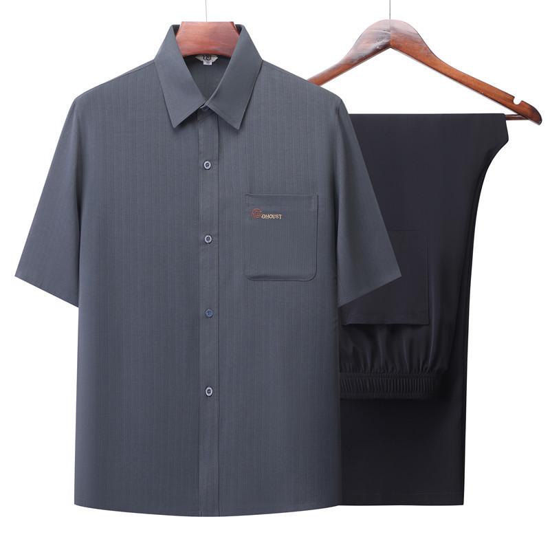 Men's Summer Jacquard Ice Silk Two-Piece Set: Short-Sleeved Loose Shirt & Casual Pants for Middle-Aged and Elderly
