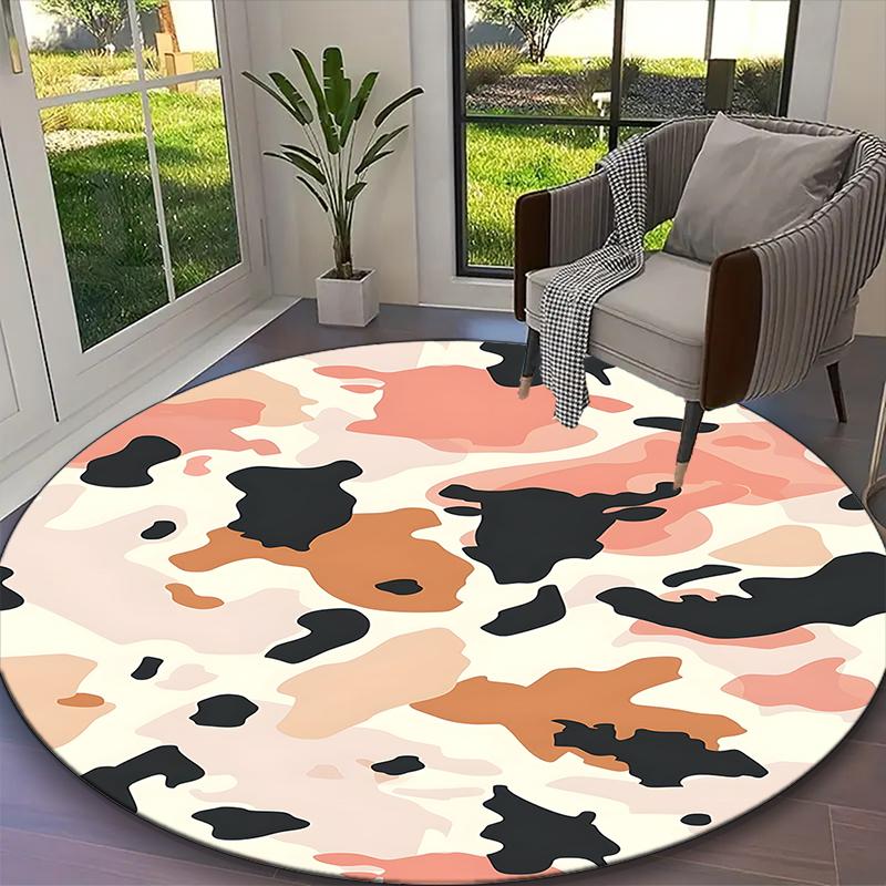 [1pc Vintage Cow Print Office Carpet] Easy Maintenance Chair Rug for Conference Room Use, Durable Round Sofa Floor Mat