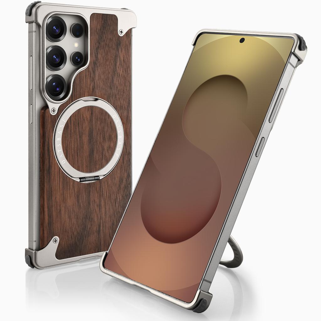 Eary Wood Case for Galaxy S25 S24 Ultra With 360° Rotation Kickstand Shockproof Protective Cover Unique Wooden Design Frameless