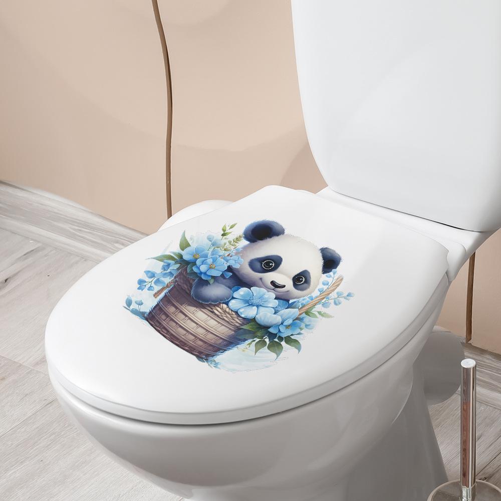 Playful Panda with Flower Basket Toilet and Wall Sticker Set Waterproof Self-Adhesive Removable Decal for Bathroom WC Home Decor