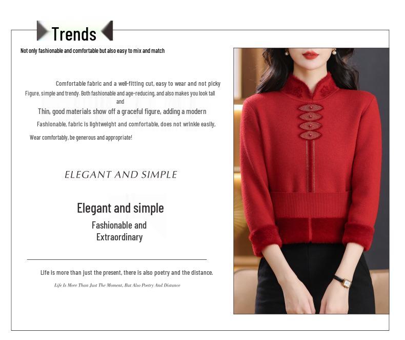 Autumn/Winter Velvet Cheongsam Collar Sweater for Middle-Aged Women - Warm, Stylish Red Top