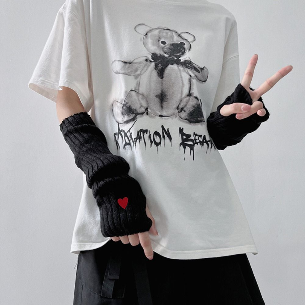 

Love Y2K Warm Sleeves Elastic Fingerless Gloves Embroidery Heart Knitted Arm Warmers Black Gothic style 1