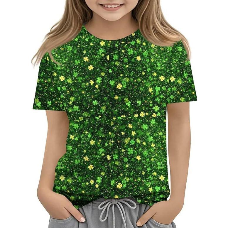 

Новый модный тренд высококачественная футболка с коротким рукавом и круглым вырезом с узором четырехлистного клевера для детей и женщин 160cm
