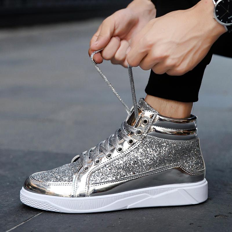Men Sparkling Stage Shoes Lightweight Black Gold Silver High Party Sneakers for School Student Plus Size
